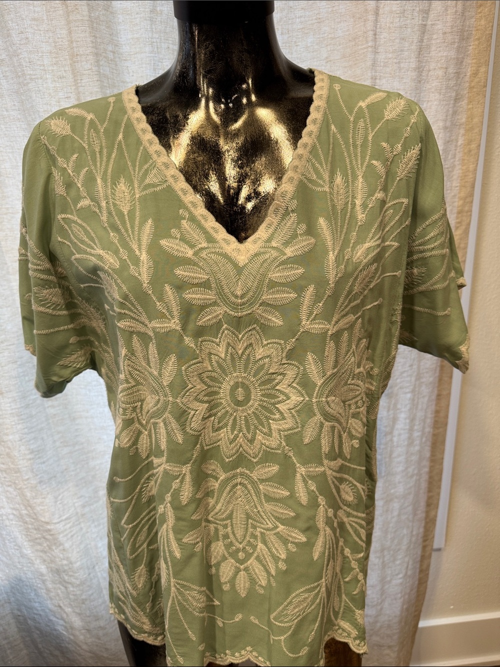 Embroidered V-Neck Women's Top in Sage Green